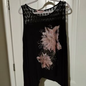 SJS Black Tank Top with Pink Floral Design